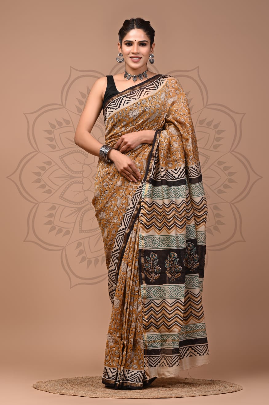 Hand Block Printed Chanderi Silk Saree with Blouse