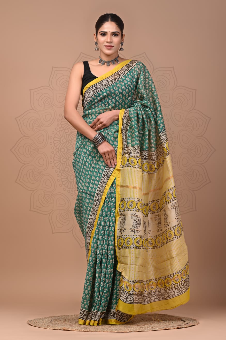 Hand Block Printed Chanderi Silk Saree with Blouse