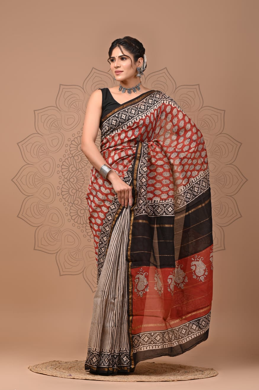 Hand Block Printed Chanderi Silk Saree with Blouse