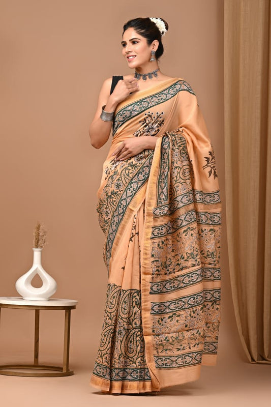 Hand Block Printed Silk Saree with Blouse