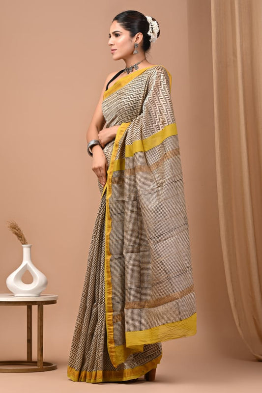 Hand Block Printed Silk Saree with Blouse