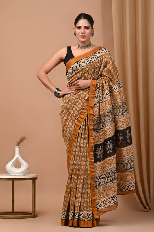 Hand Block Printed Silk Saree with Blouse
