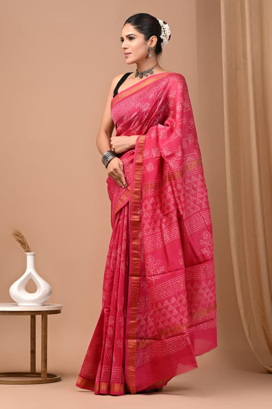 Hand Block Printed Silk Saree with Blouse
