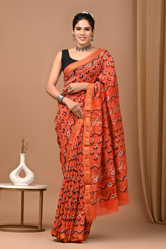 Hand Block Printed Silk Saree with Blouse