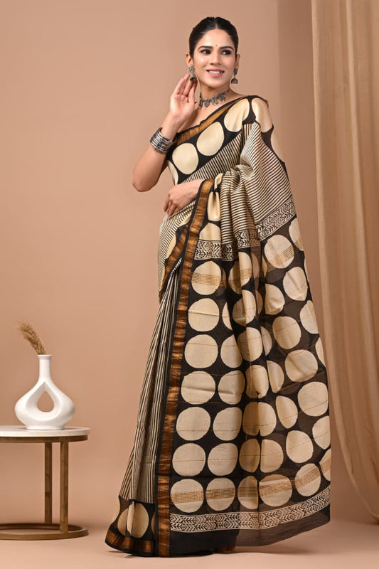 Hand Block Printed Silk Saree with Blouse