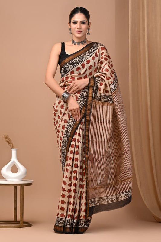 Hand Block Printed Silk Saree with Blouse