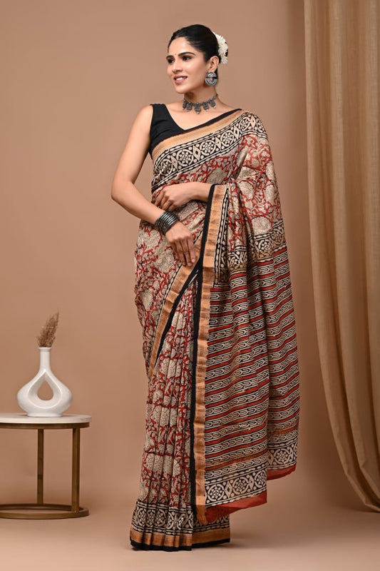 Hand Block Printed Silk Saree with Blouse