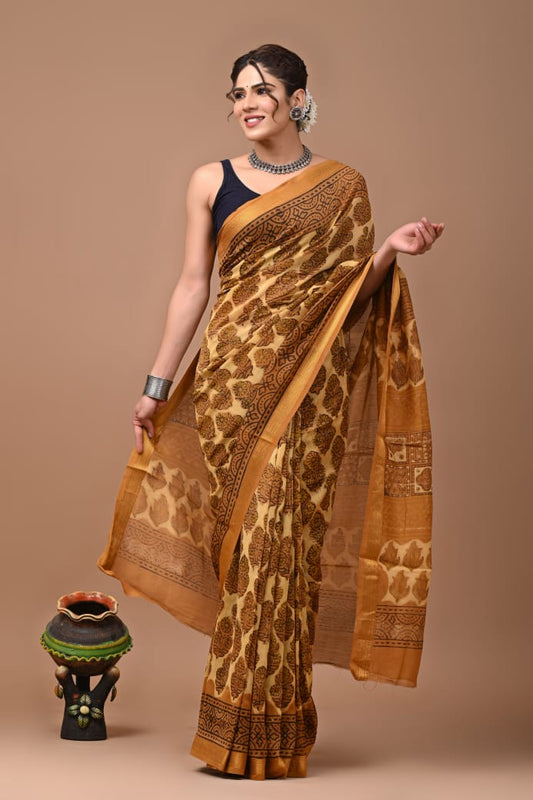 Hand Block Printed Silk Saree with Blouse