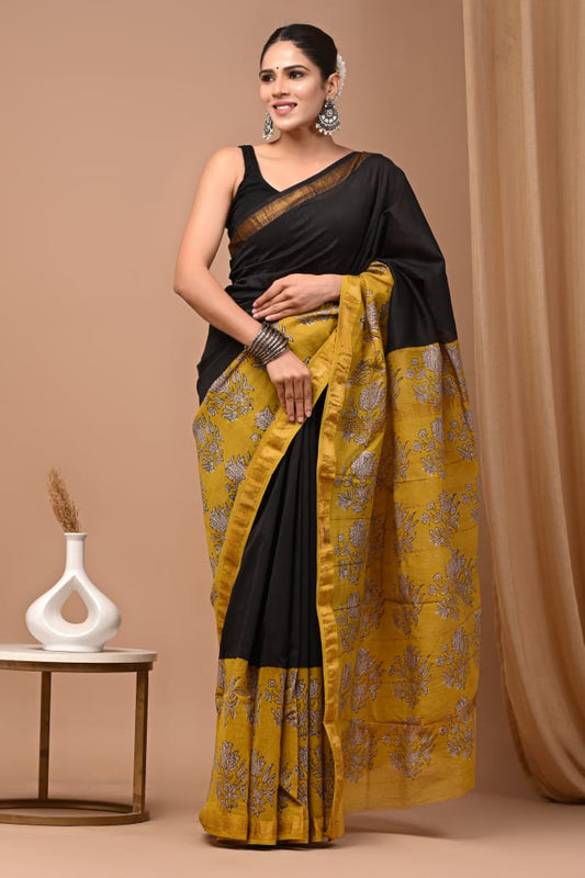 Hand Block Printed Silk Saree with Blouse