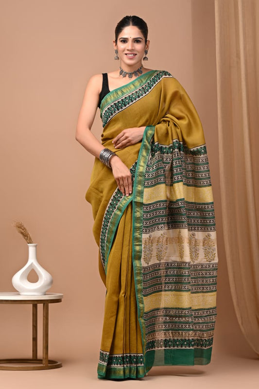 Hand Block Printed Silk Saree with Blouse