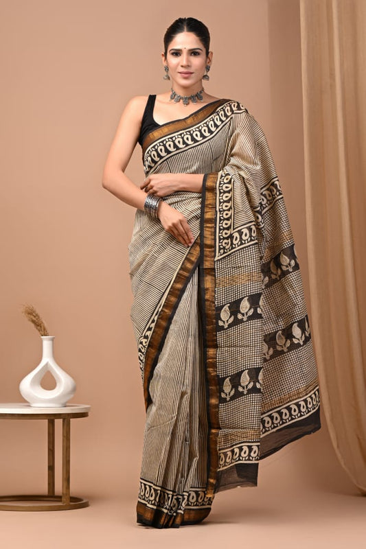 Hand Block Printed Silk Saree with Blouse