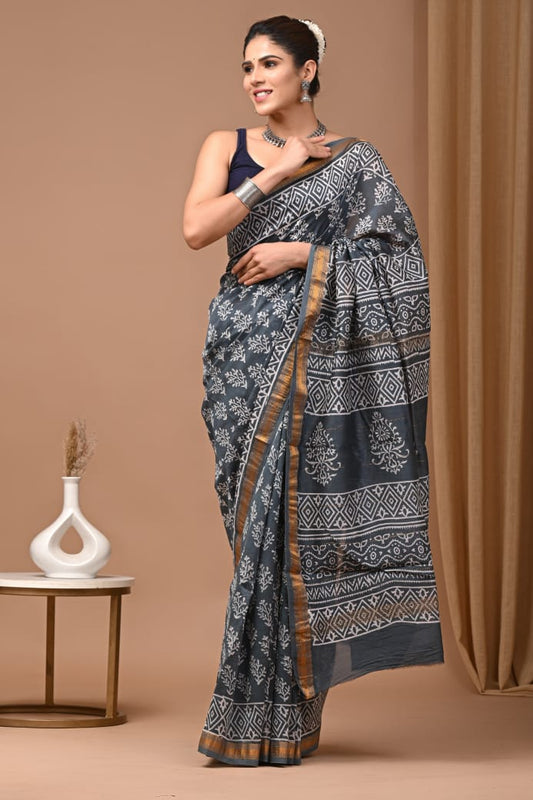Hand Block Printed Silk Saree with Blouse