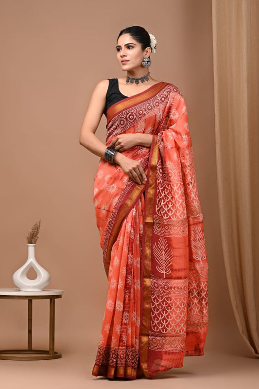 Hand Block Printed Silk Saree with Blouse
