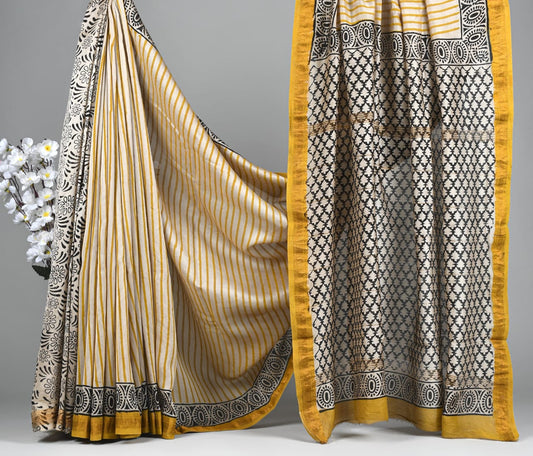 Hand Block Printed Silk Saree with Blouse