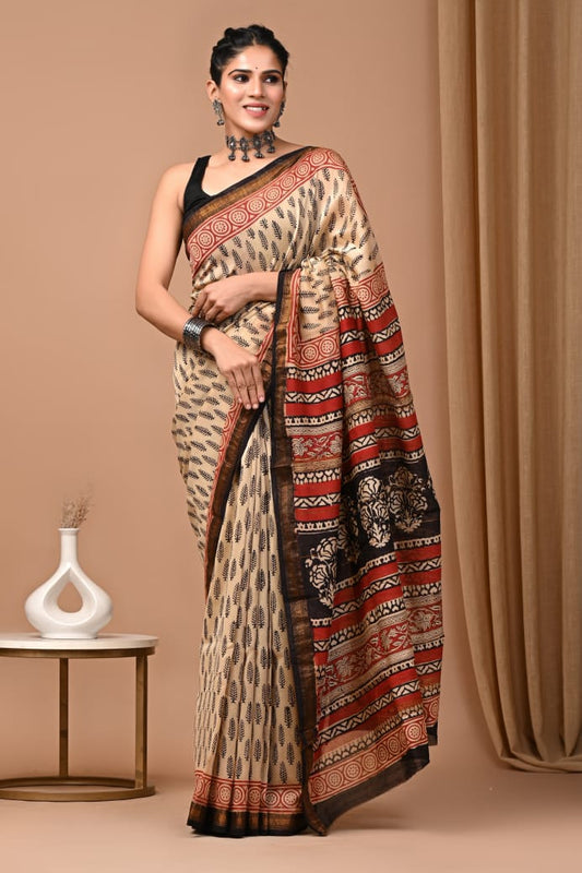 Hand Block Printed Silk Saree with Blouse