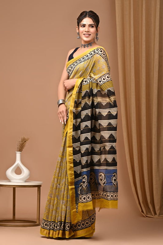 Hand Block Printed Silk Saree with Blouse