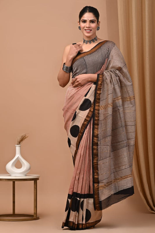 Hand Block Printed Silk Saree with Blouse