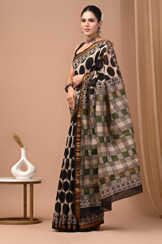 Hand Block Printed Silk Saree with Blouse