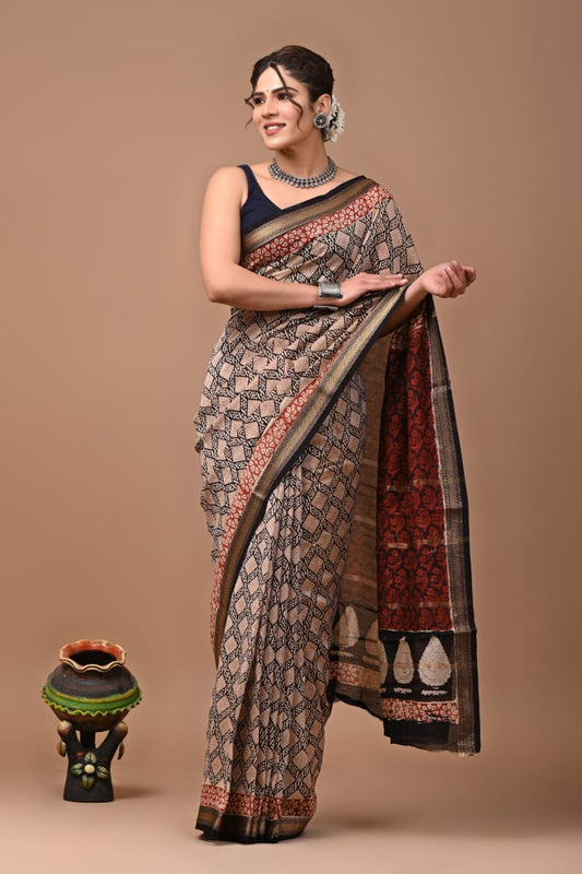 Hand Block Printed Silk Saree with Blouse