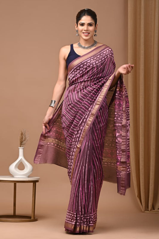 Hand Block Printed Silk Saree with Blouse