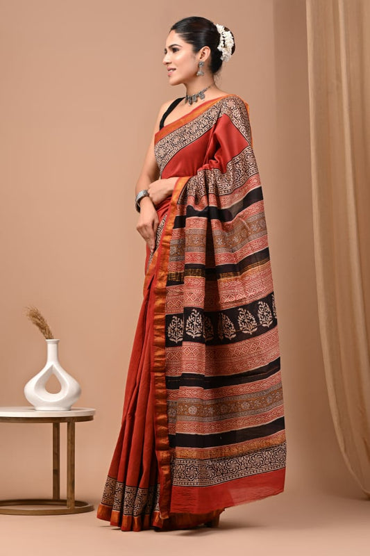 Hand Block Printed Silk Saree with Blouse