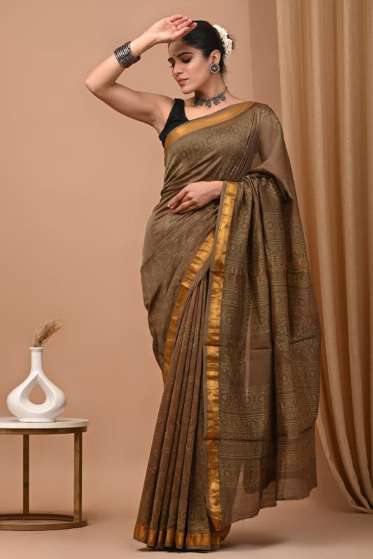 Hand Block Printed Silk Saree with Blouse