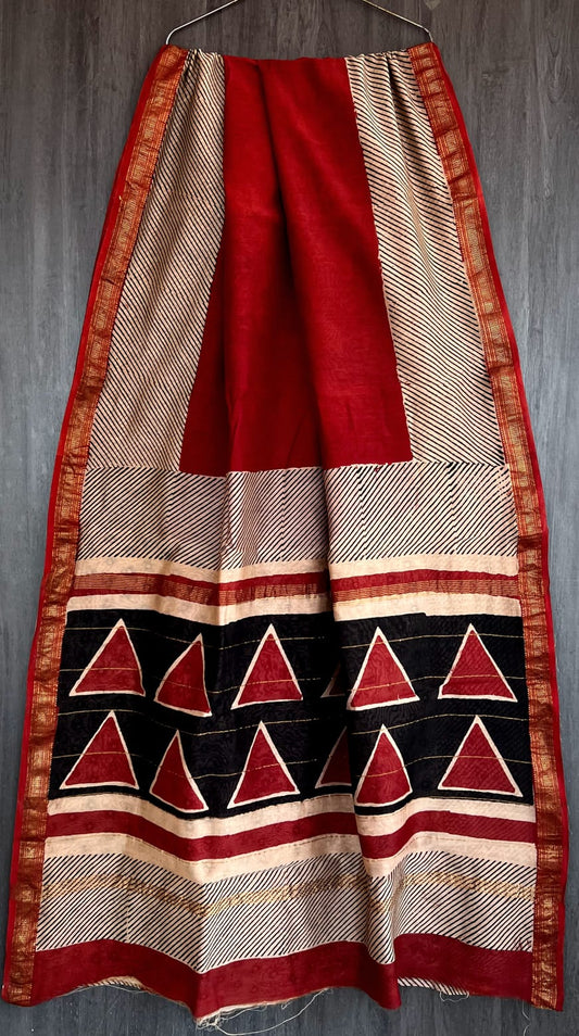Hand Block Printed Silk Saree with Blouse