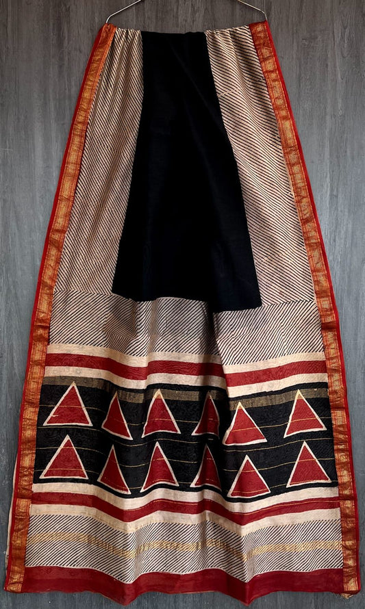 Hand Block Printed Silk Saree with Blouse