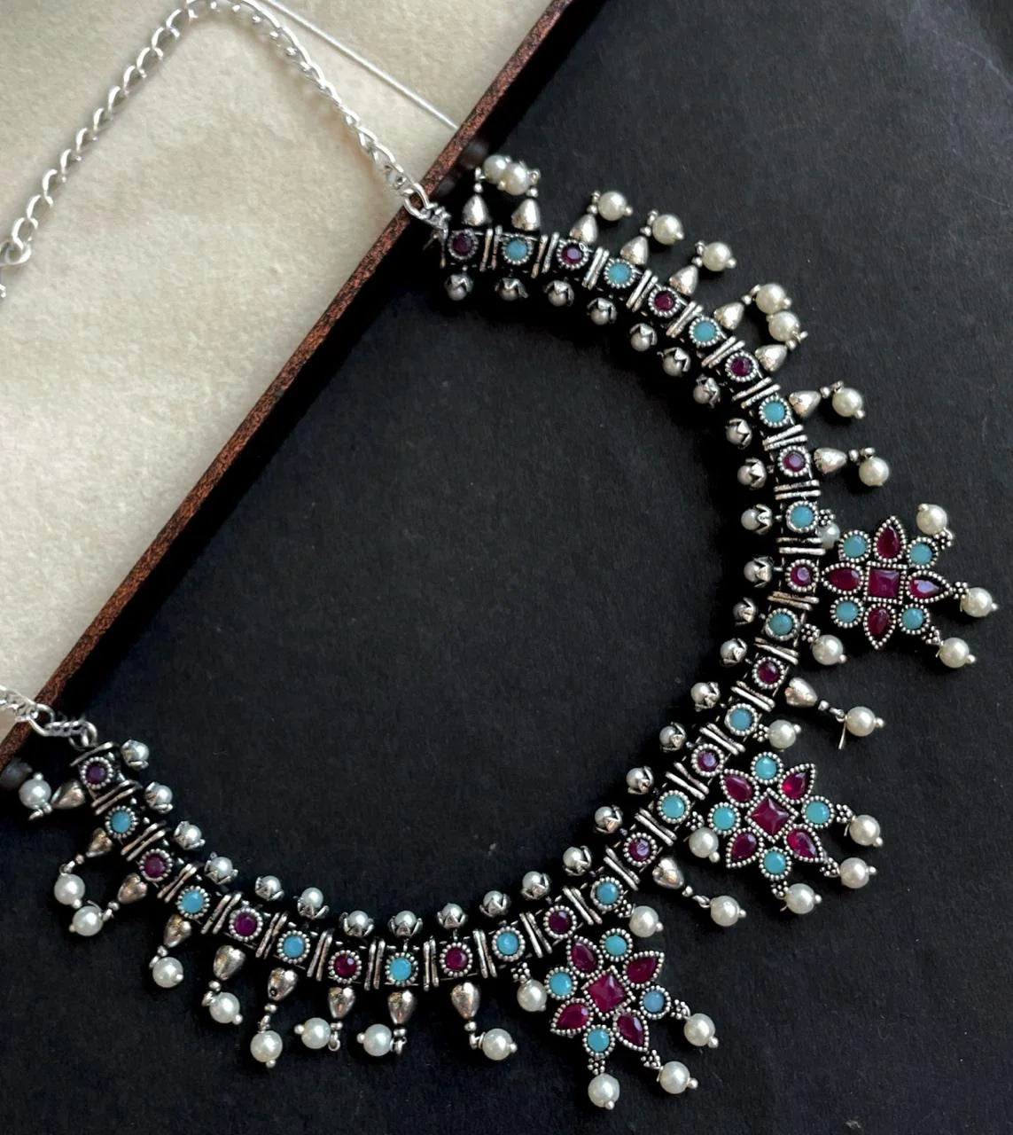 Monalisa Stone work Oxidized Choker with Earring set