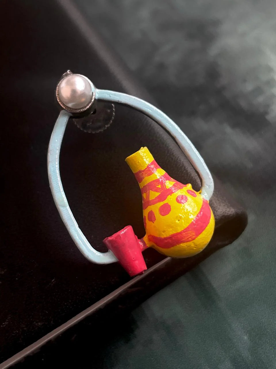 Hand Painted Pot and Glass Oxidized Earring