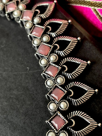 Oxidized Choker with Earring set with stone and beads work