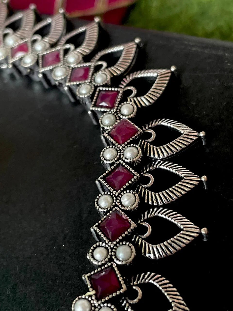 Oxidized Choker with Earring set with stone and beads work