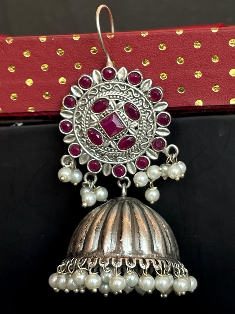 Black polish Antique Look Oxidized Top with stones and beads with Jhumki Earring