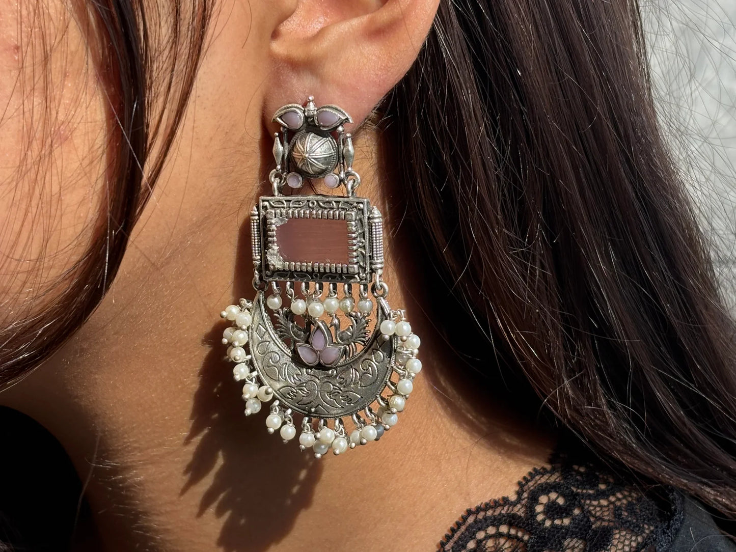 Monalisa Stone Silver Replica Chandbali Earring