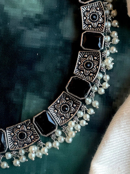 Monalisa Stone Oxidized Antique Look Choker with Earring set