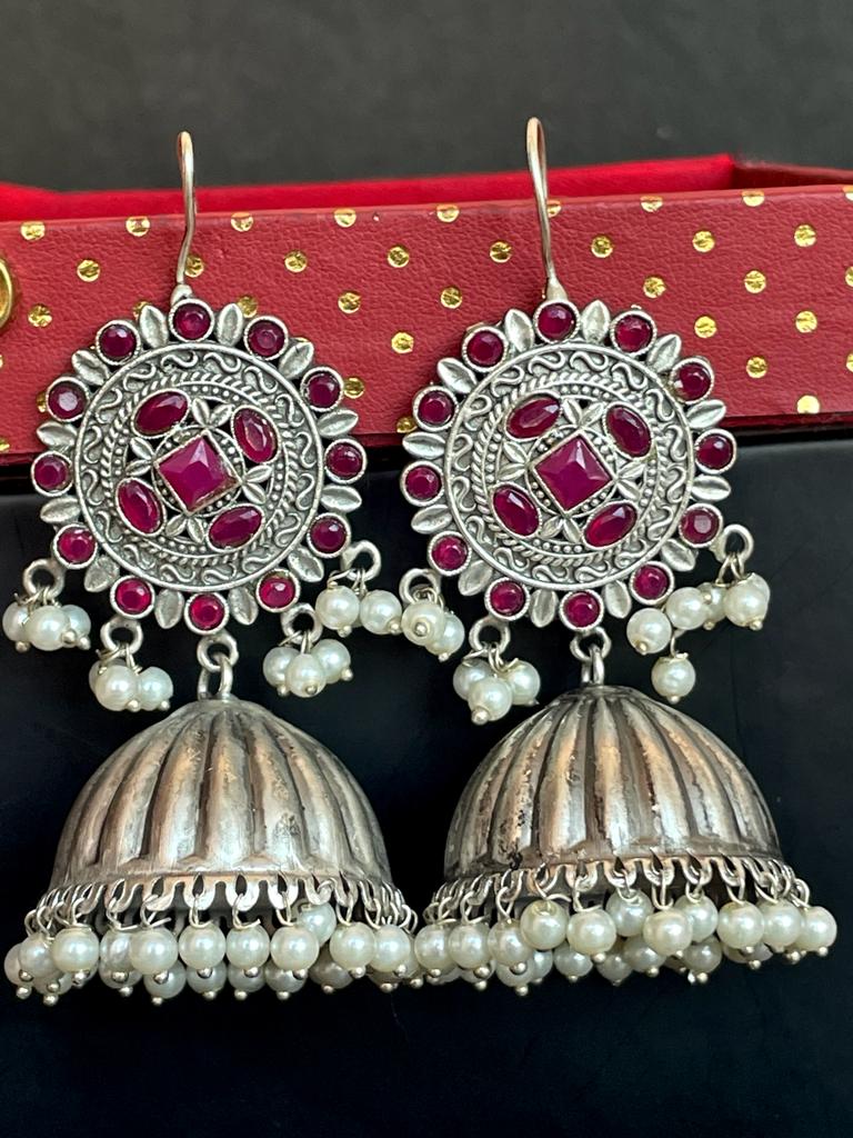 Black polish Antique Look Oxidized Top with stones and beads with Jhumki Earring