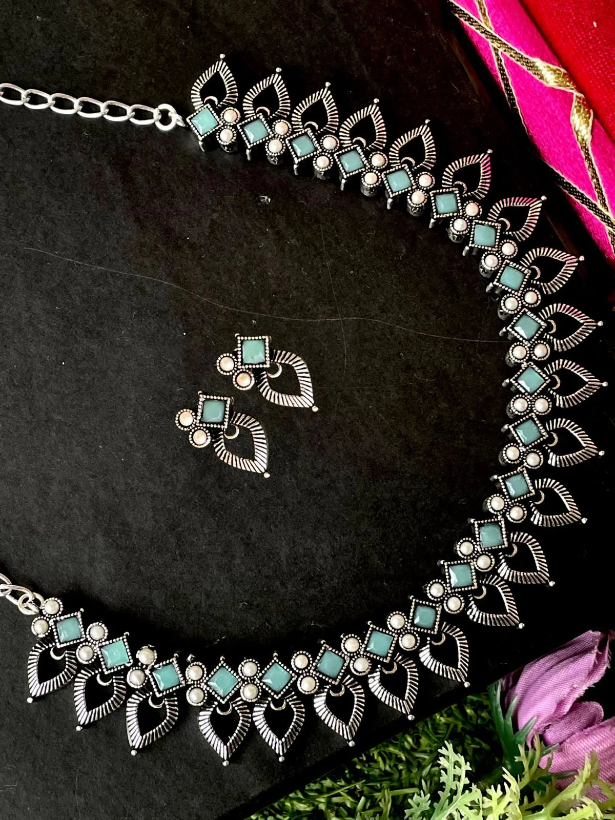 Oxidized Choker with Earring set with stone and beads work