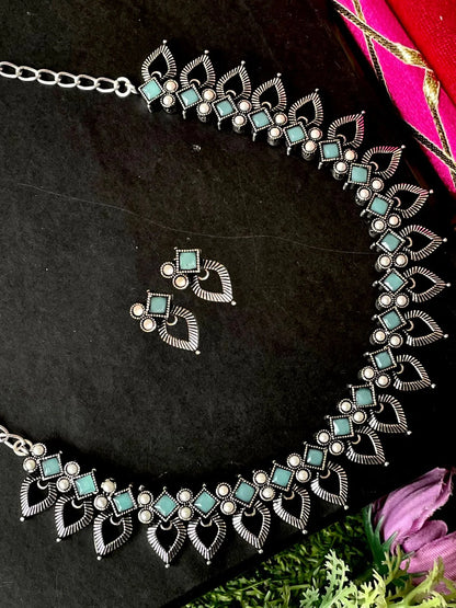 Oxidized Choker with Earring set with stone and beads work