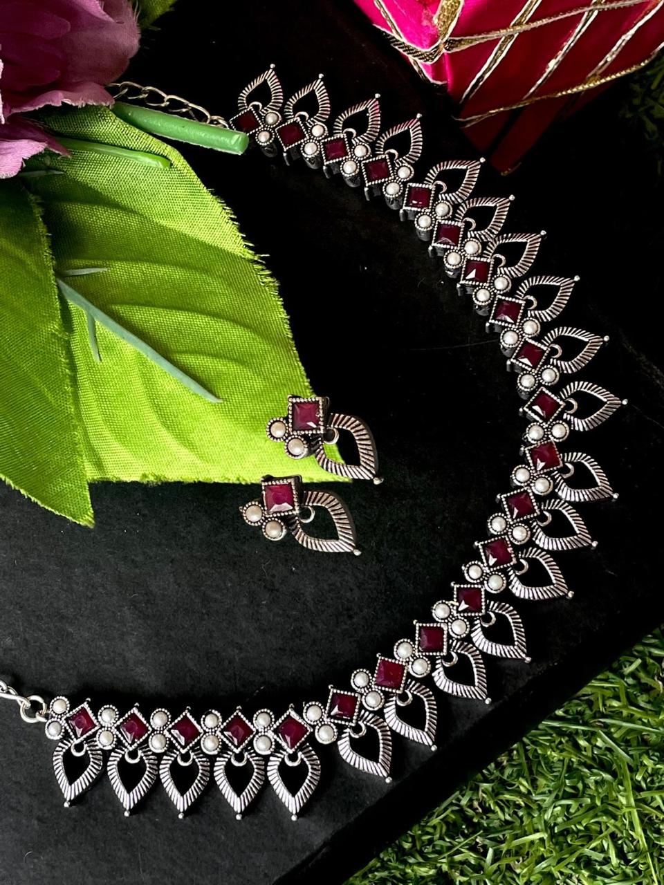 Oxidized Choker with Earring set with stone and beads work