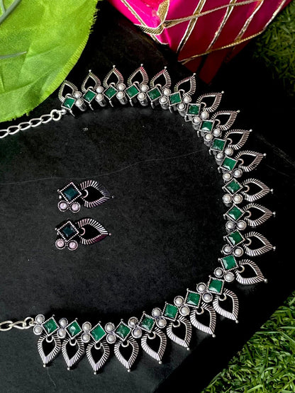 Oxidized Choker with Earring set with stone and beads work