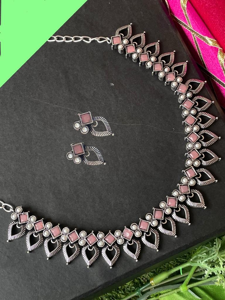 Oxidized Choker with Earring set with stone and beads work