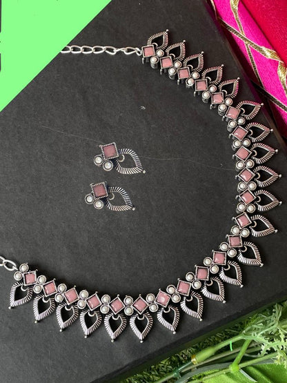 Oxidized Choker with Earring set with stone and beads work