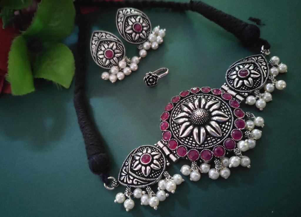 Oxidized Choker with Earring set