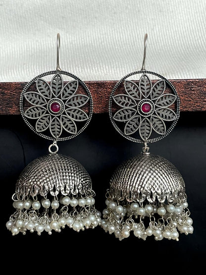 Black Polish Floral Top Jhumka Earring