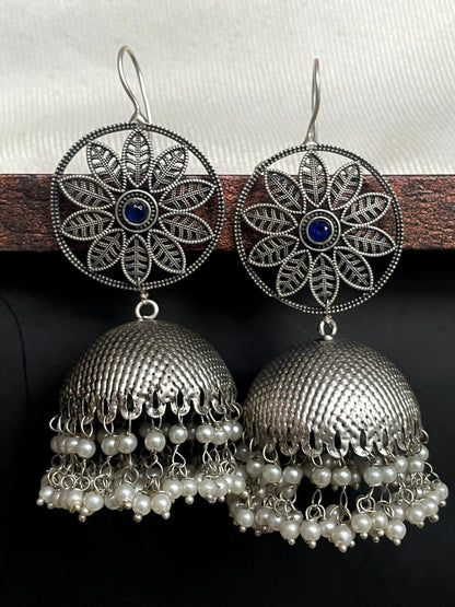 Black Polish Floral Top Jhumka Earring