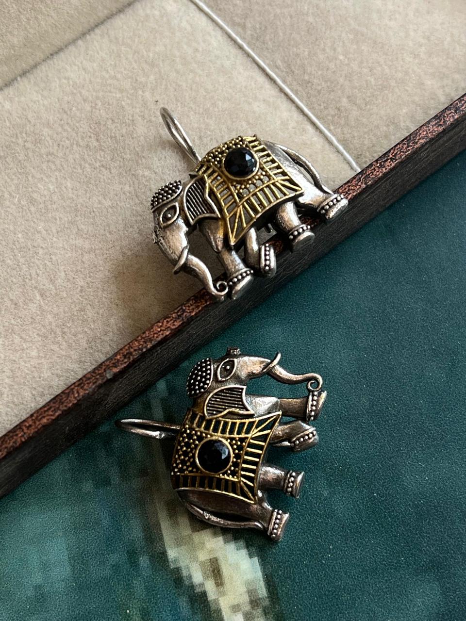 Dual Tone Elephant Shape Stone Earring