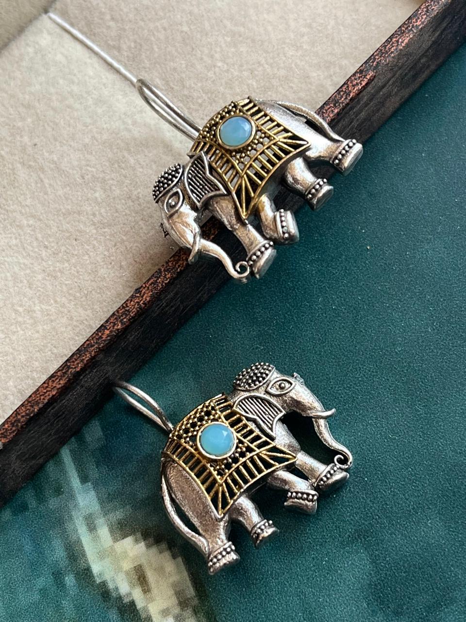 Dual Tone Elephant Shape Stone Earring