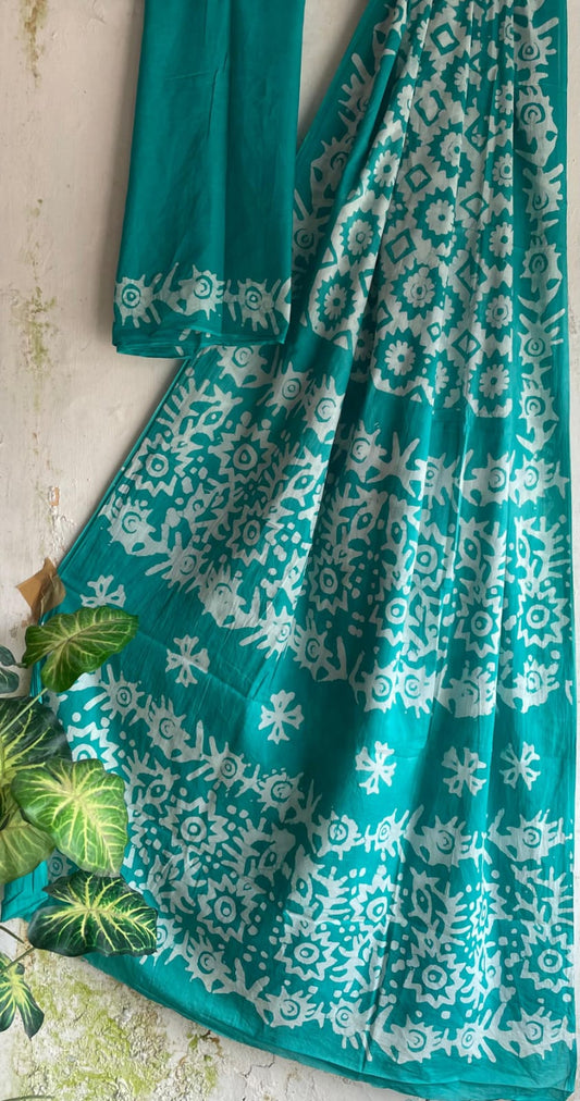 Hand Block Printed Cotton Mul Saree with Blouse