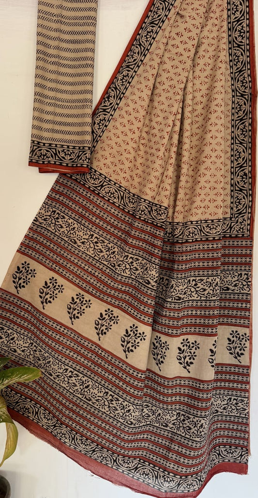 Hand Block Printed Cotton Mul Saree with Blouse
