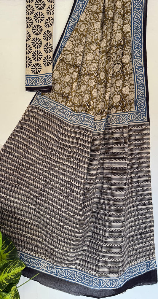 Hand Block Printed Cotton Mul Saree with Blouse